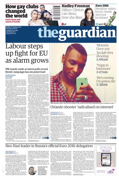 The Guardian Newspaper Front Page (UK) for 14 June 2016