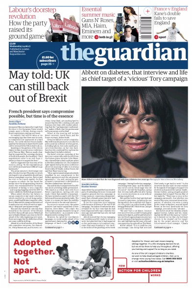 The Guardian Newspaper Front Page (UK) for 14 June 2017