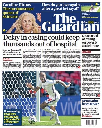 The Guardian Newspaper Front Page (UK) for 14 June 2021