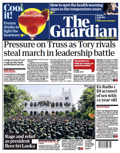 The Guardian Newspaper Front Page (UK) for 14 July 2022