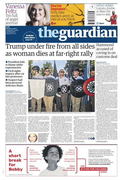 The Guardian Newspaper Front Page (UK) for 14 August 2017
