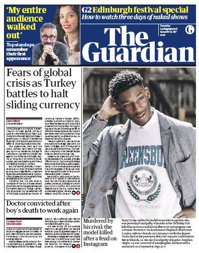 The Guardian Newspaper Front Page (UK) for 14 August 2018