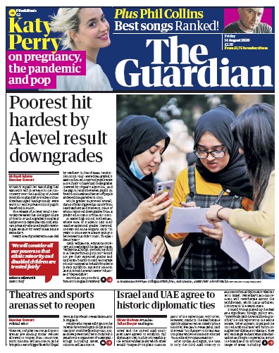 The Guardian Newspaper Front Page (UK) for 14 August 2020