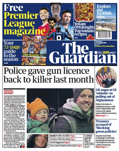 The Guardian Newspaper Front Page (UK) for 14 August 2021