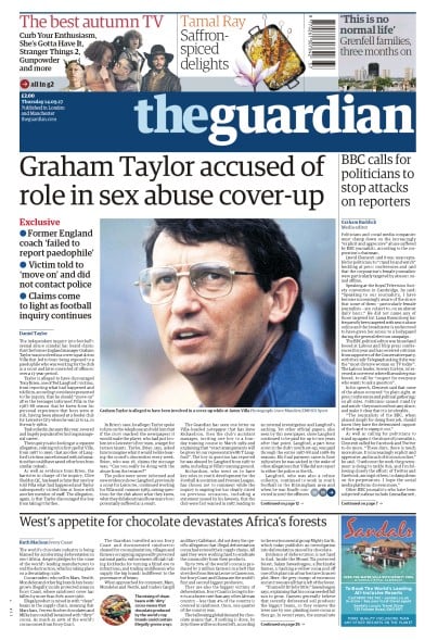 The Guardian Newspaper Front Page (UK) for 14 September 2017