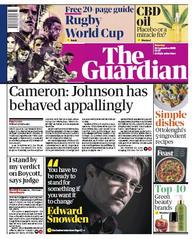The Guardian Newspaper Front Page (UK) for 14 September 2019