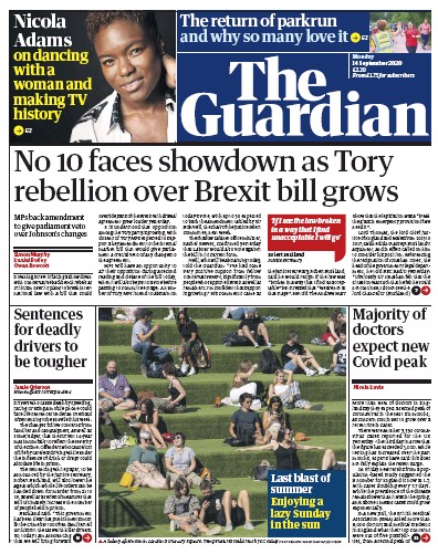 The Guardian Newspaper Front Page (UK) for 14 September 2020