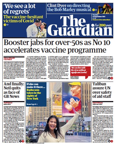 The Guardian Newspaper Front Page (UK) for 14 September 2021