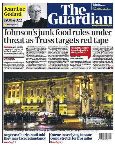 The Guardian Newspaper Front Page (UK) for 14 September 2022