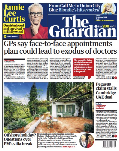 The Guardian Newspaper Front Page (UK) for 15 October 2021