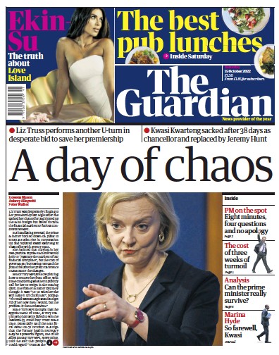 The Guardian Newspaper Front Page (UK) for 15 October 2022