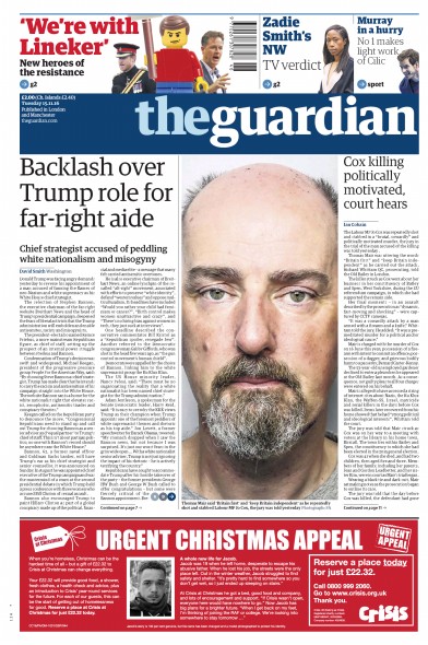 The Guardian Newspaper Front Page (UK) for 15 November 2016