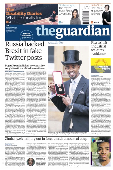 The Guardian Newspaper Front Page (UK) for 15 November 2017