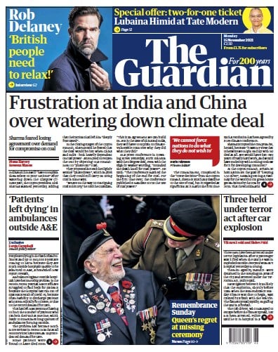 The Guardian Newspaper Front Page (UK) for 15 November 2021