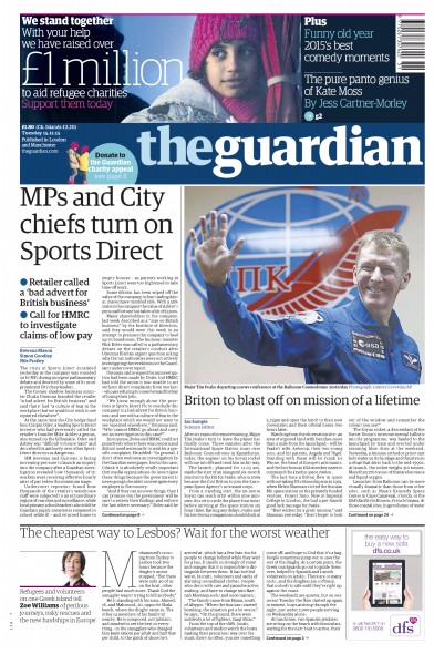 The Guardian Newspaper Front Page (UK) for 15 December 2015