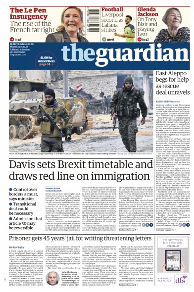 The Guardian Newspaper Front Page (UK) for 15 December 2016