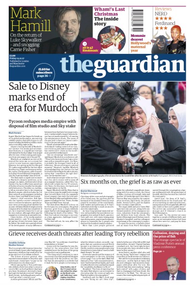 The Guardian Newspaper Front Page (UK) for 15 December 2017