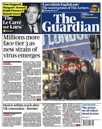 The Guardian Newspaper Front Page (UK) for 15 December 2020