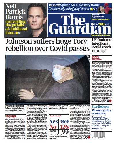 The Guardian Newspaper Front Page (UK) for 15 December 2021