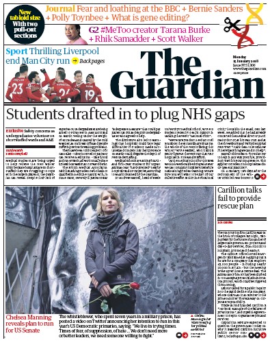 The Guardian Newspaper Front Page (UK) for 15 January 2018