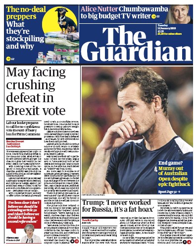 The Guardian Newspaper Front Page (UK) for 15 January 2019