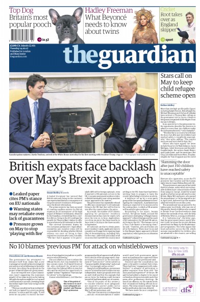 The Guardian Newspaper Front Page (UK) for 15 February 2017