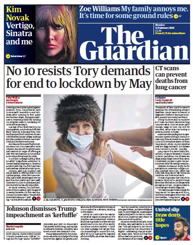 The Guardian Newspaper Front Page (UK) for 15 February 2021