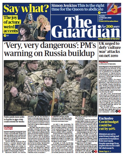 The Guardian Newspaper Front Page (UK) for 15 February 2022