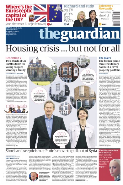 The Guardian Newspaper Front Page (UK) for 15 March 2016