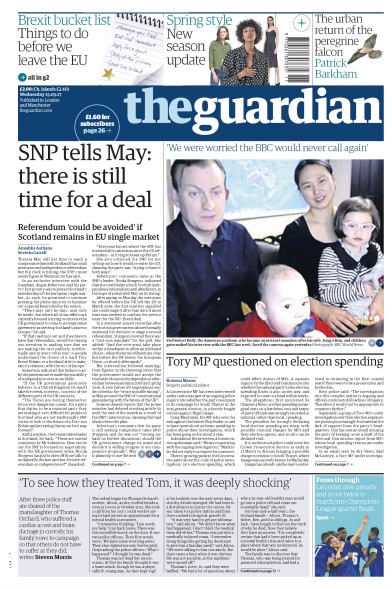 The Guardian Newspaper Front Page (UK) for 15 March 2017