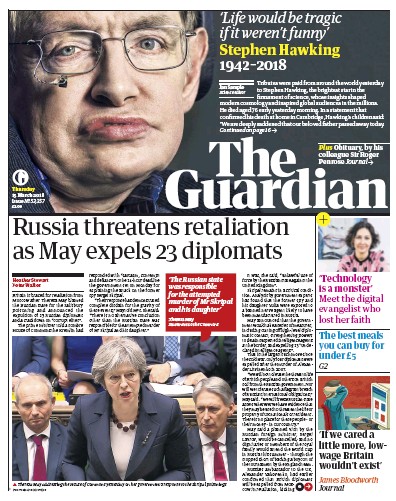The Guardian Newspaper Front Page (UK) for 15 March 2018