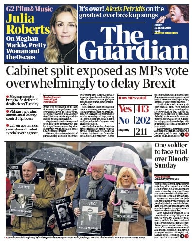 The Guardian Newspaper Front Page (UK) for 15 March 2019
