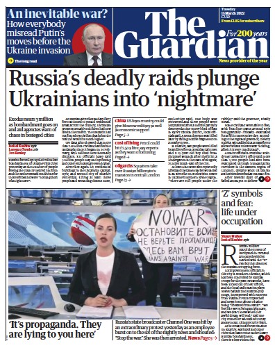 The Guardian Newspaper Front Page (UK) for 15 March 2022