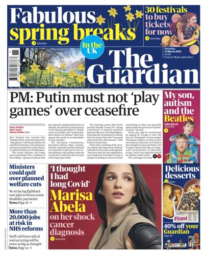 The Guardian Newspaper Front Page (UK) for 15 March 2025