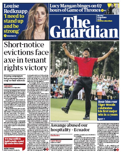The Guardian Newspaper Front Page (UK) for 15 April 2019