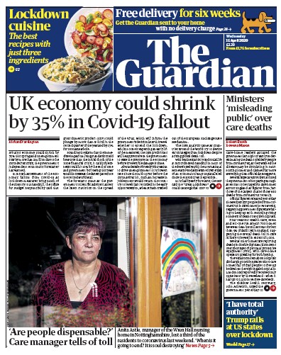 The Guardian Newspaper Front Page (UK) for 15 April 2020