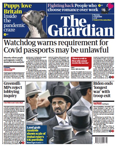 The Guardian Newspaper Front Page (UK) for 15 April 2021