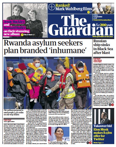 The Guardian Newspaper Front Page (UK) for 15 April 2022