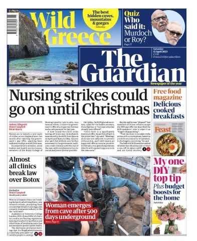 The Guardian Newspaper Front Page (UK) for 15 April 2023