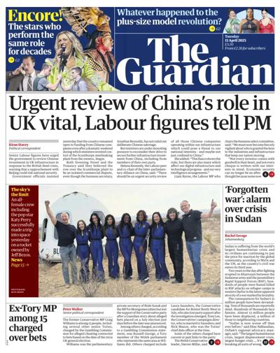 The Guardian Newspaper Front Page (UK) for 15 April 2025