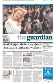 The Guardian Newspaper Front Page (UK) for 15 May 2014