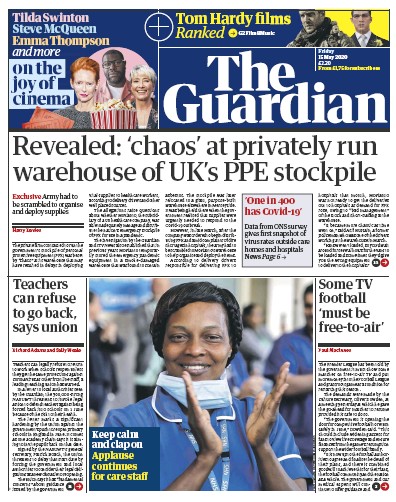 The Guardian Newspaper Front Page (UK) for 15 May 2020