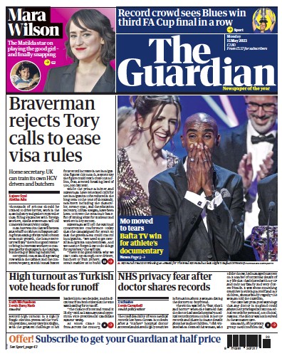 The Guardian Newspaper Front Page (UK) for 15 May 2023