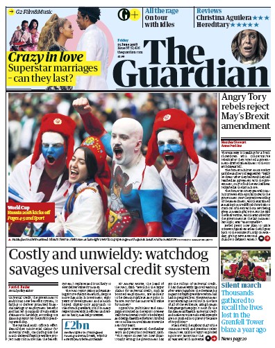 The Guardian Newspaper Front Page (UK) for 15 June 2018
