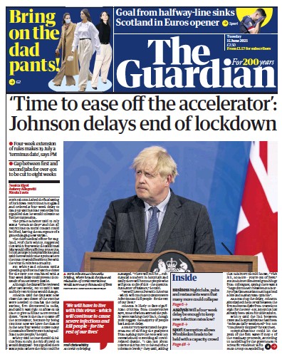 The Guardian Newspaper Front Page (UK) for 15 June 2021