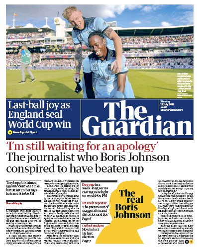 The Guardian Newspaper Front Page (UK) for 15 July 2019