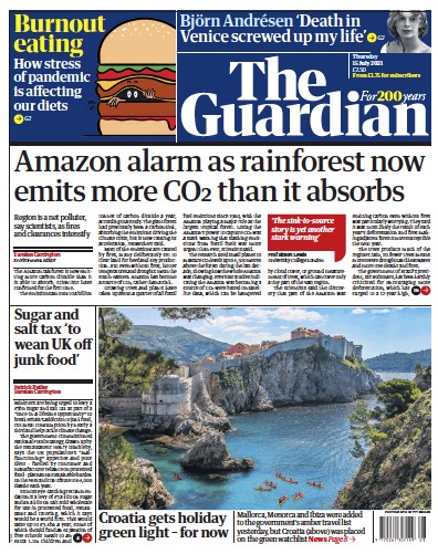 The Guardian Newspaper Front Page (UK) for 15 July 2021