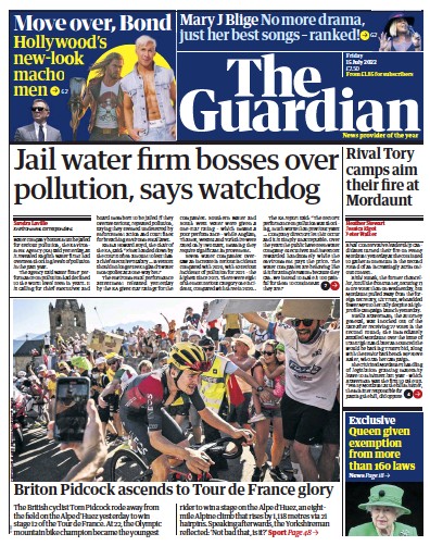 The Guardian Newspaper Front Page (UK) for 15 July 2022