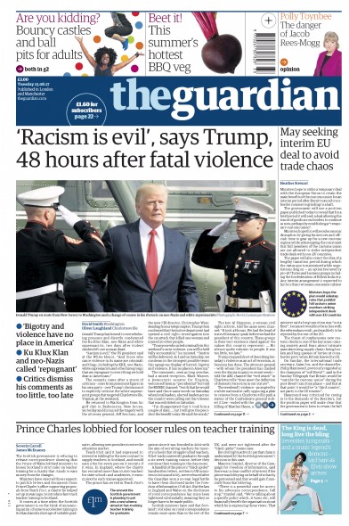 The Guardian Newspaper Front Page (UK) for 15 August 2017
