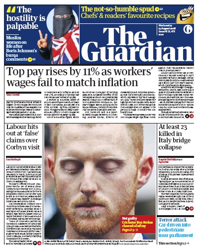 The Guardian Newspaper Front Page (UK) for 15 August 2018
